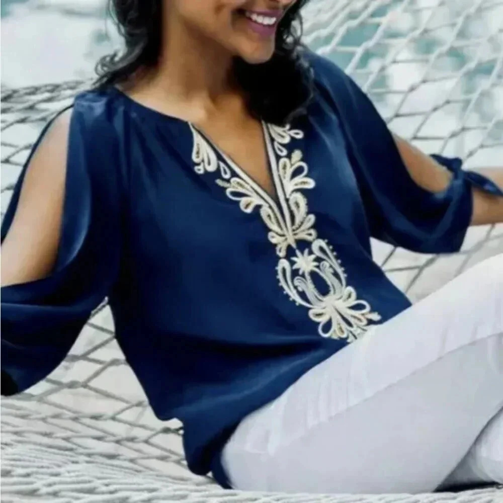 Lilly Pulitzer Bryce Top Tunic Shirt Blouse Pure Silk V-Neck Navy Blue Small